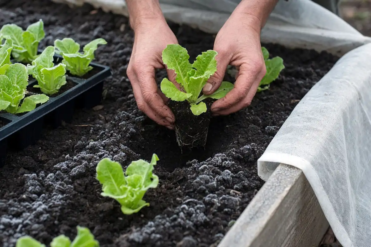 Lettuce transplants going into an early-spring Ohio raised bed, showing the cool-season timing for planting lettuce.