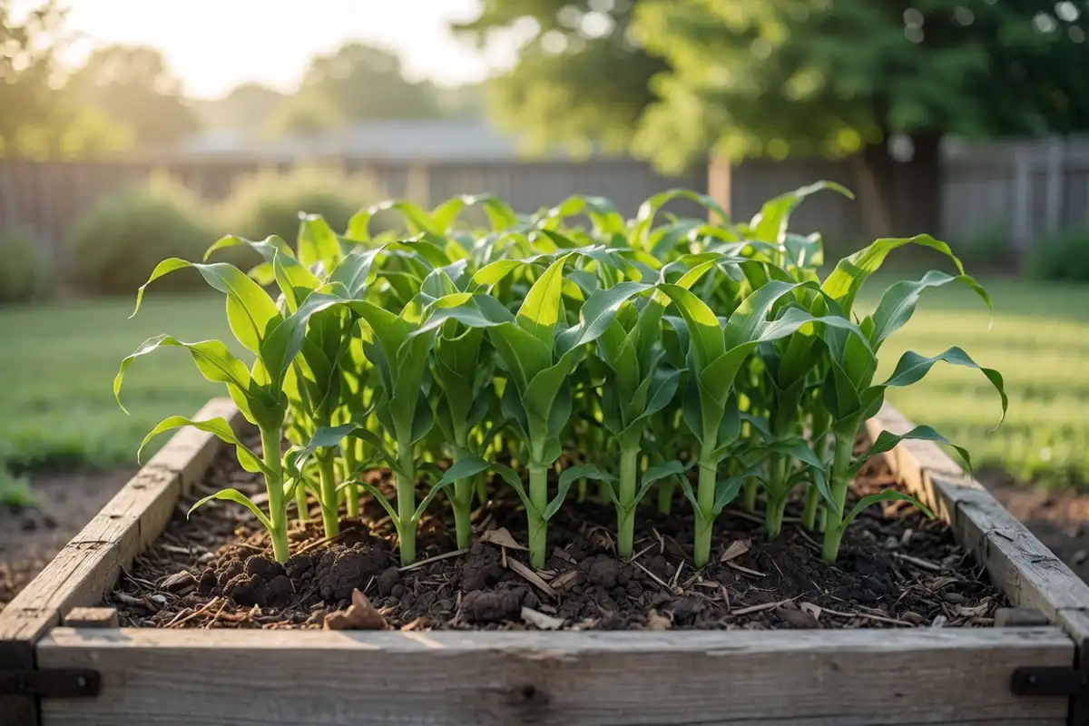 Young sweet corn planted in a block inside a raised bed for good wind pollination.