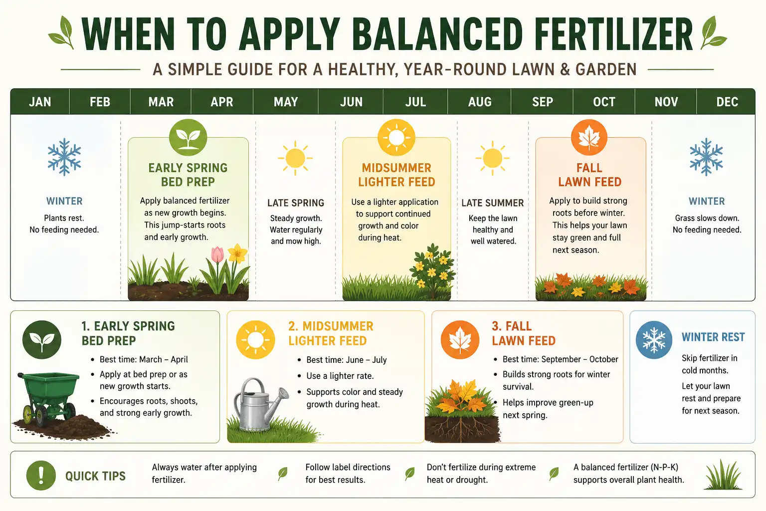 Seasonal calendar about the best times to apply 10-10-10 fertilizer, with early spring, midsummer, and fall feeding windows