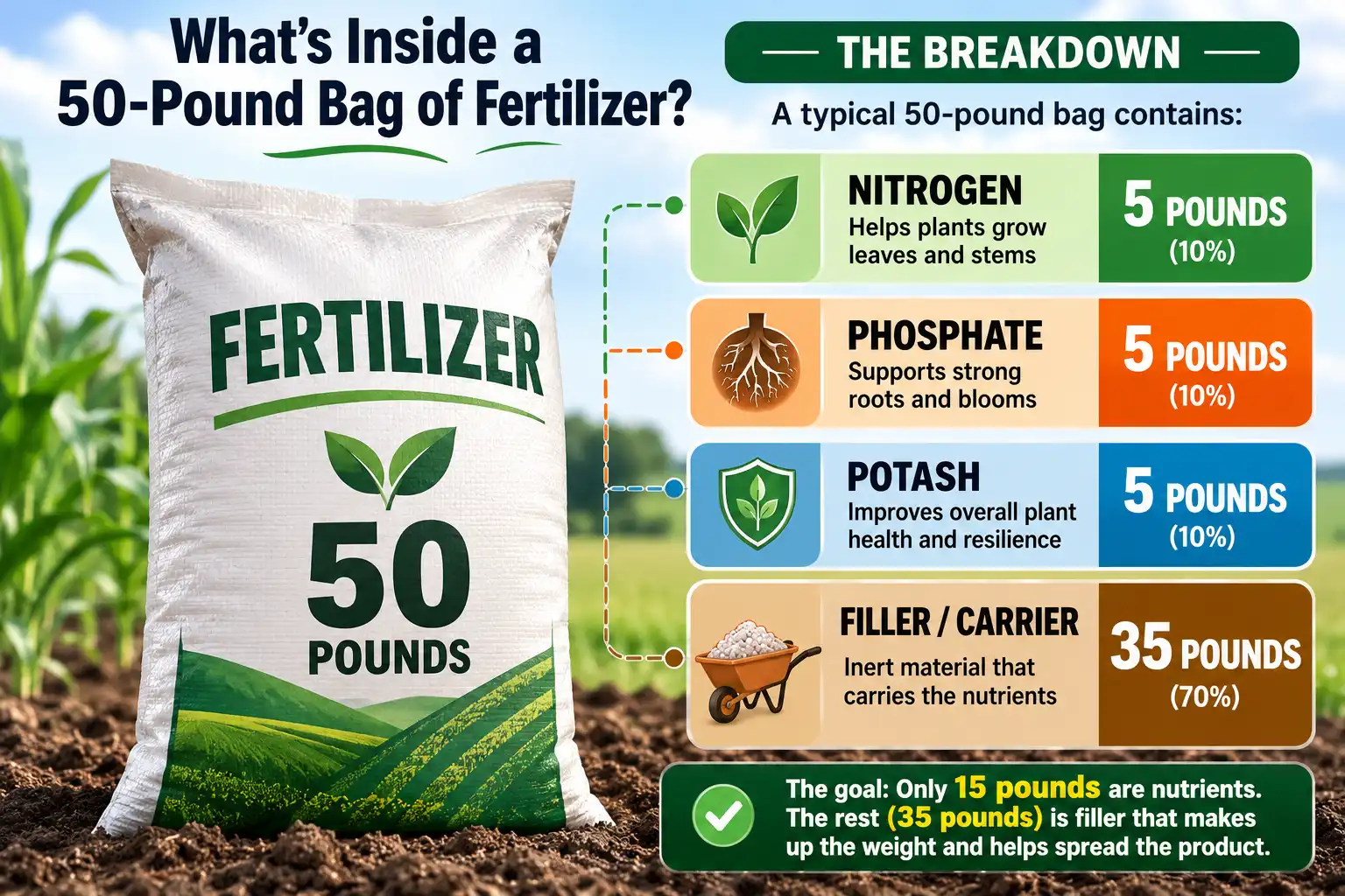 Infographic breaking a 50 pound bag of 10-10-10 fertilizer into 5 pounds each of nitrogen, phosphate, and potash plus 35 pounds of filler
