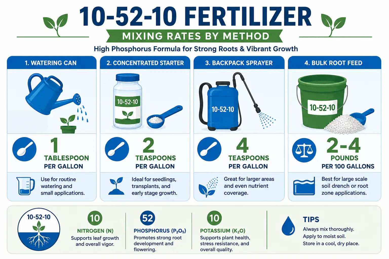 Chart of 10-52-10 fertilizer mixing rates for watering can, starter solution, backpack sprayer, and bulk feeding