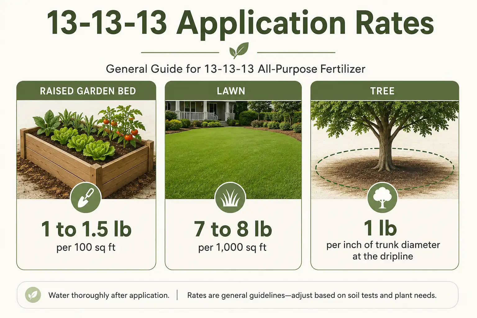 Chart of 13-13-13 fertilizer application rates for gardens, lawns, and trees