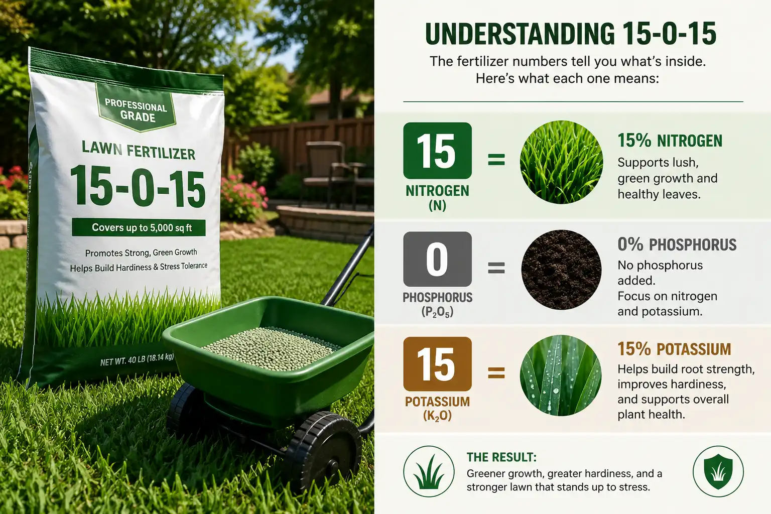 15 0 15 fertilizer breakdown over a green backyard lawn