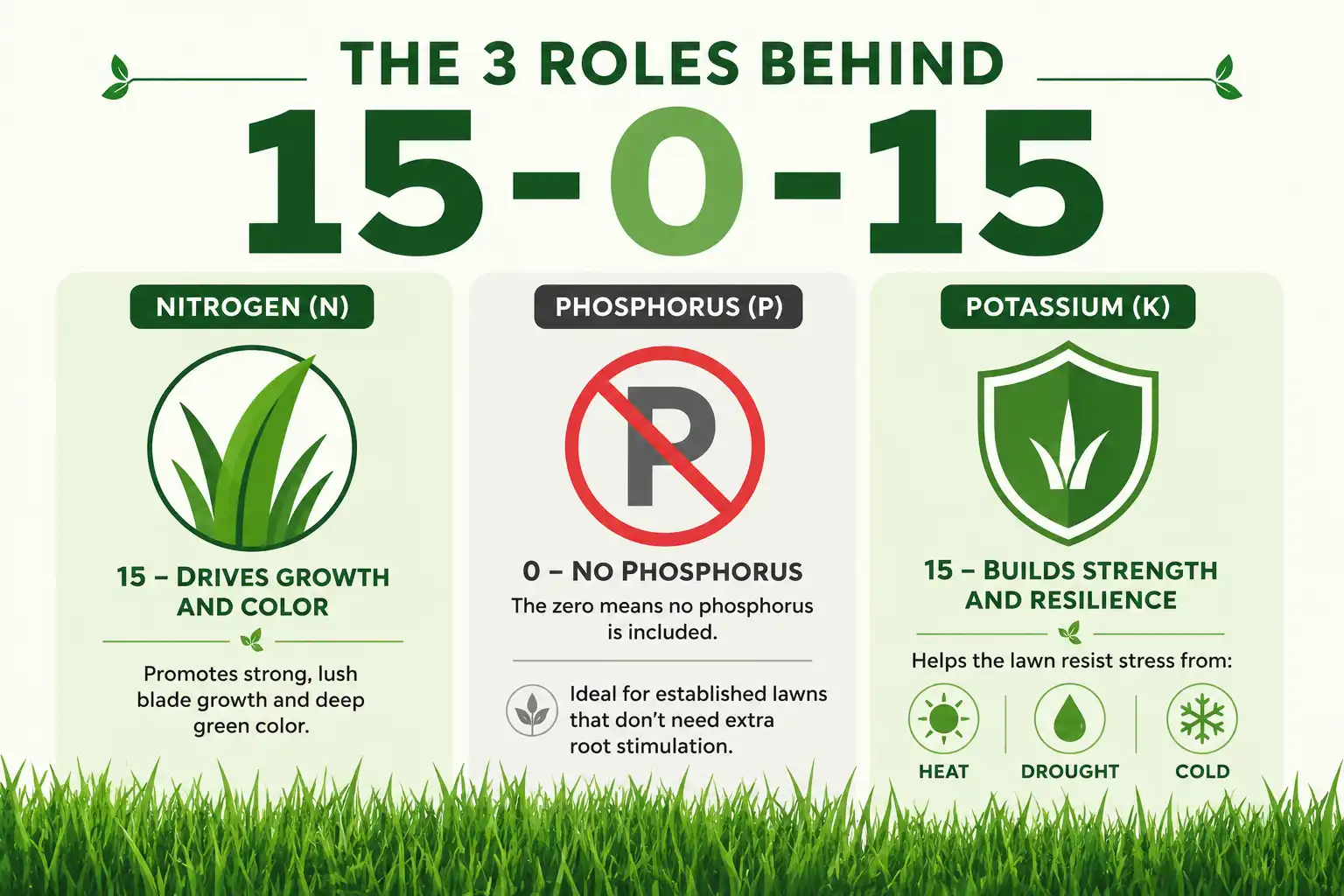 Infographic of 15-0-15 fertilizer uses: nitrogen for green growth, no phosphorus, and potassium for stress and cold tolerance