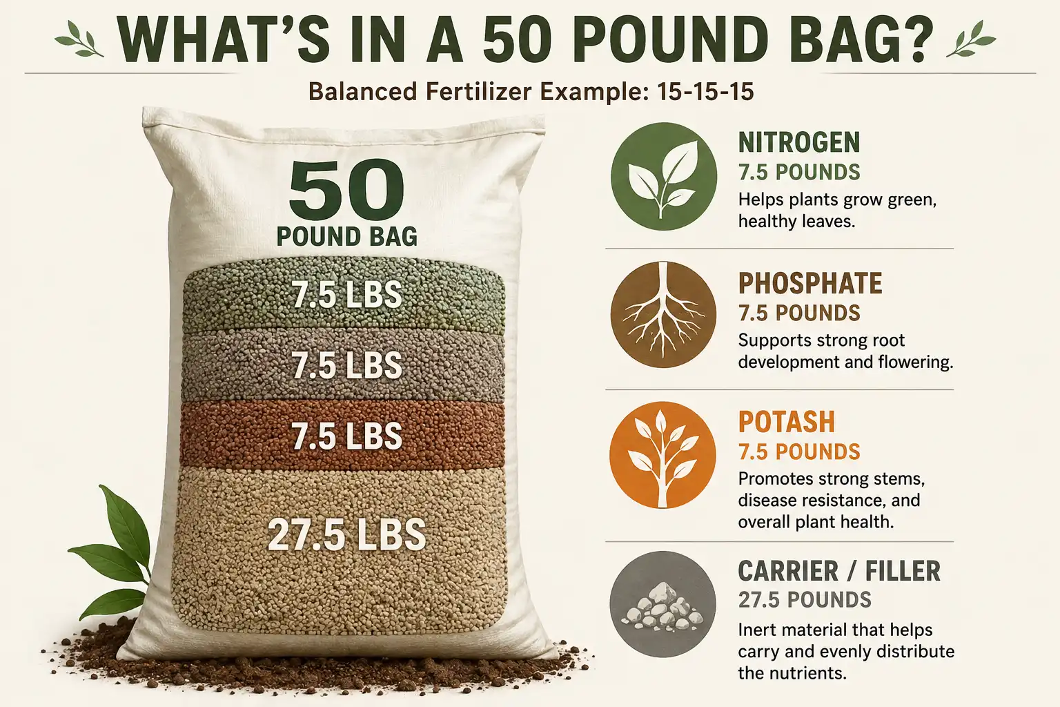Infographic breaking a 50-pound bag of 15-15-15 fertilizer into 7.5 pounds each of nitrogen, phosphate, and potash.