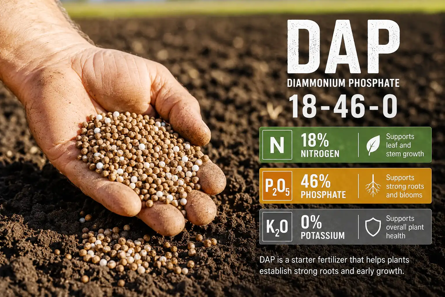 18 46 0 DAP fertilizer granules in hand with nutrient breakdown