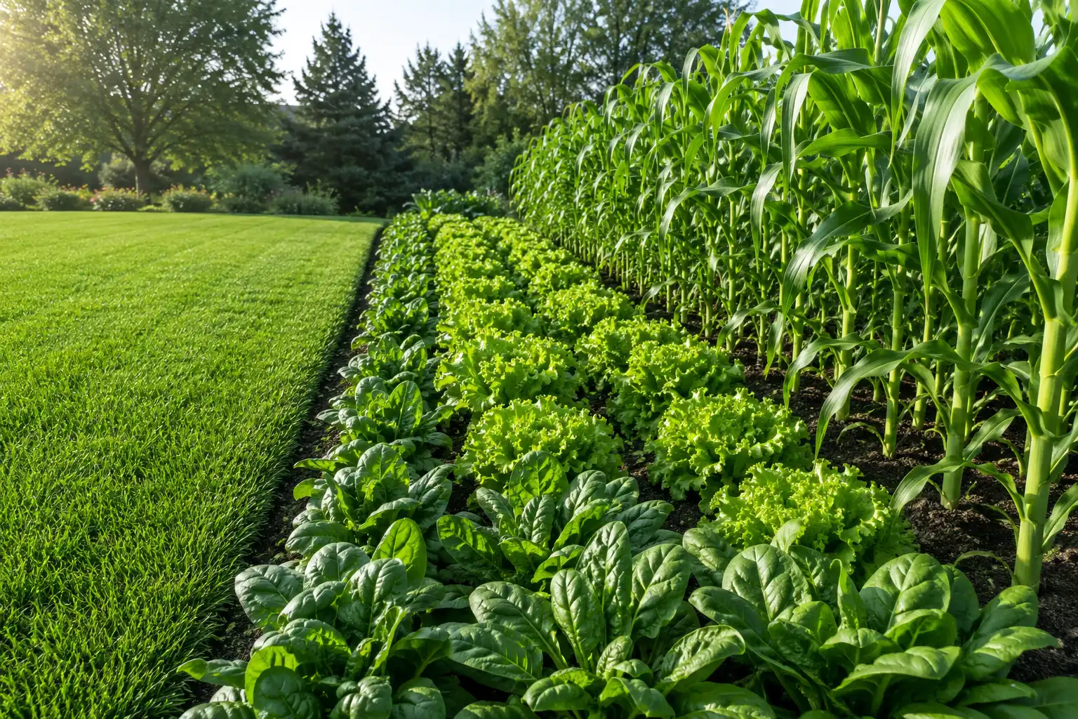 Deep green lawn, leafy lettuce, and tall corn showing what 20-10-10 fertilizer is used for