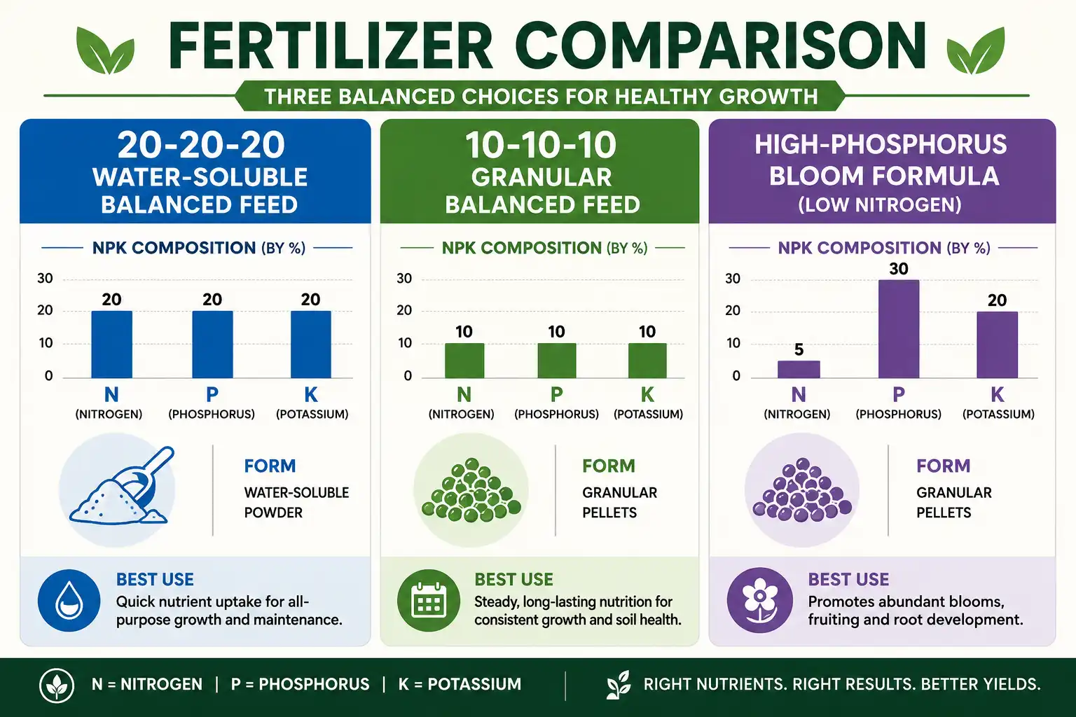 Comparison chart of 20-20-20 water soluble feed against 10-10-10 granular and a high phosphorus bloom formula