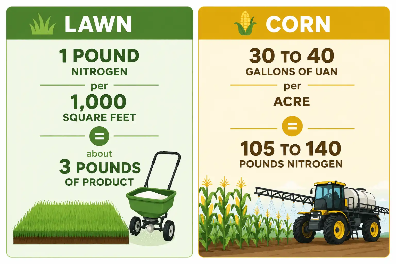 32-0-0 fertilizer rate chart of one pound nitrogen per 1,000 square feet for lawns and gallons per acre for corn