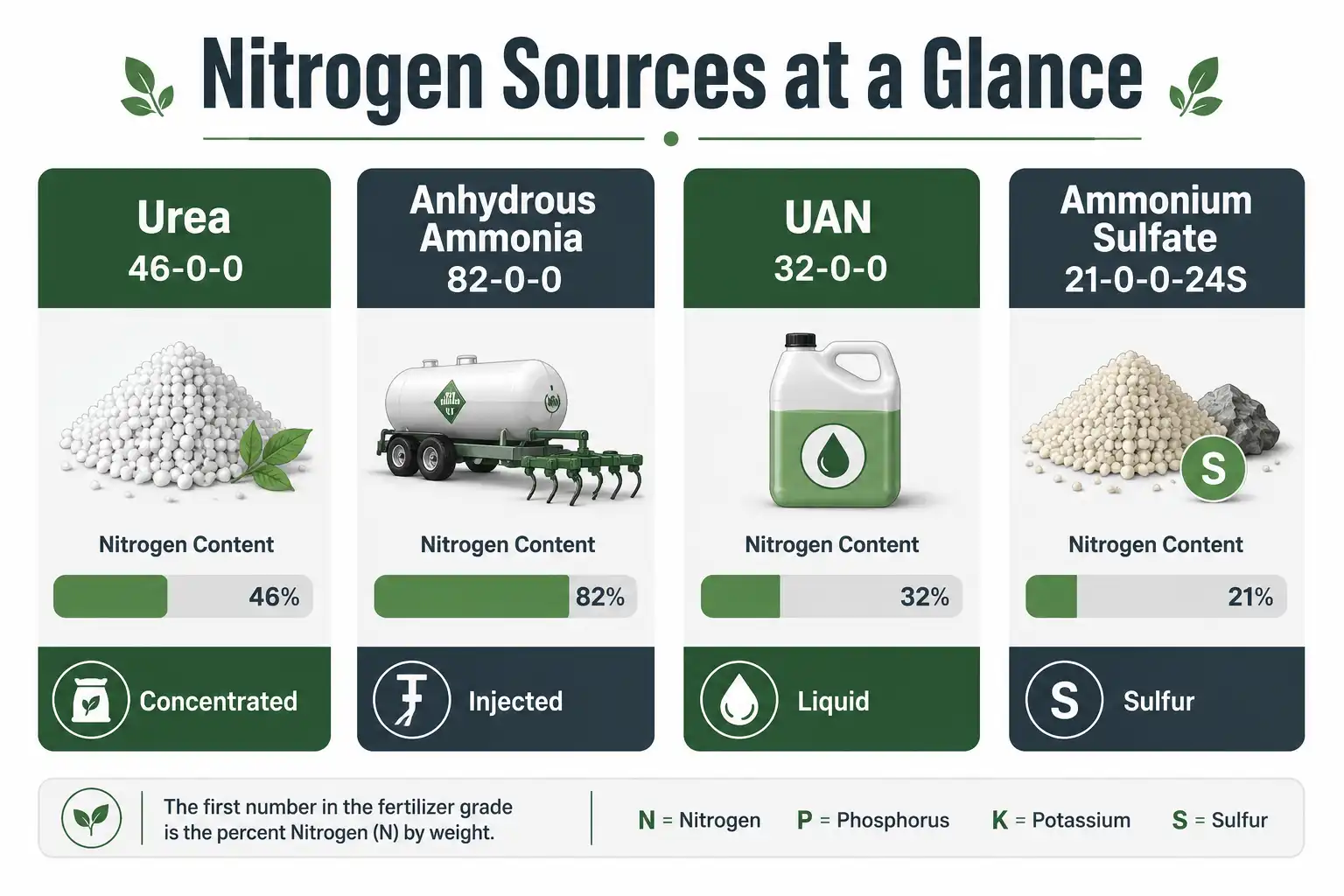 Comparison chart of 46-0-0 urea versus anhydrous ammonia, UAN, and ammonium sulfate nitrogen fertilizers