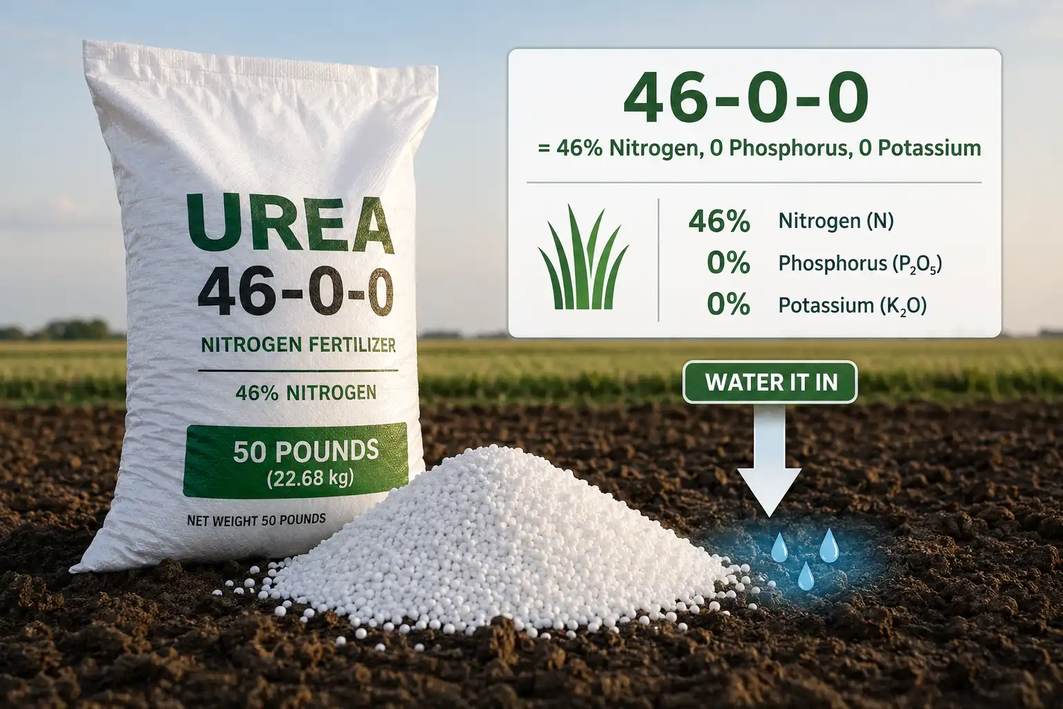 46 0 0 urea fertilizer bag with urea granules and an infographic about 46 percent nitrogen, zero phosphorus, zero potassium, and watering in
