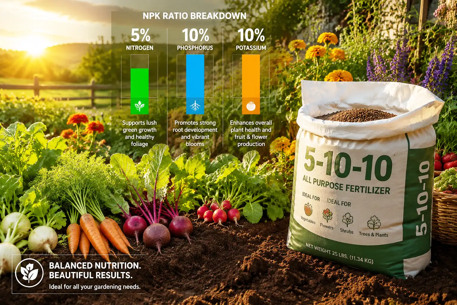 5-10-10 fertilizer bag beside thriving vegetable garden about NPK ratio comparison graphic
