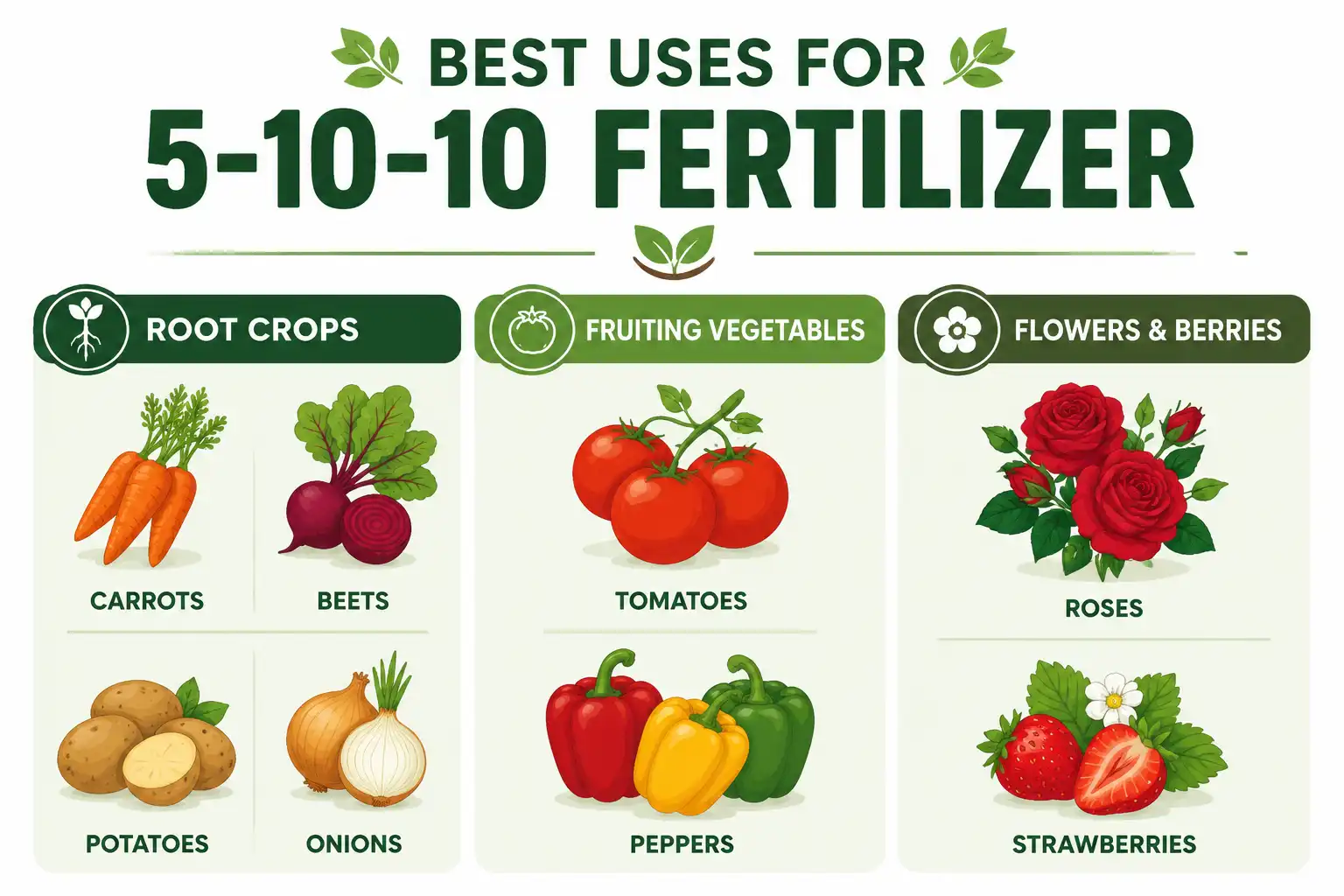 Chart of crops that benefit from 5-10-10 fertilizer including carrots, potatoes, tomatoes, peppers, and flowers