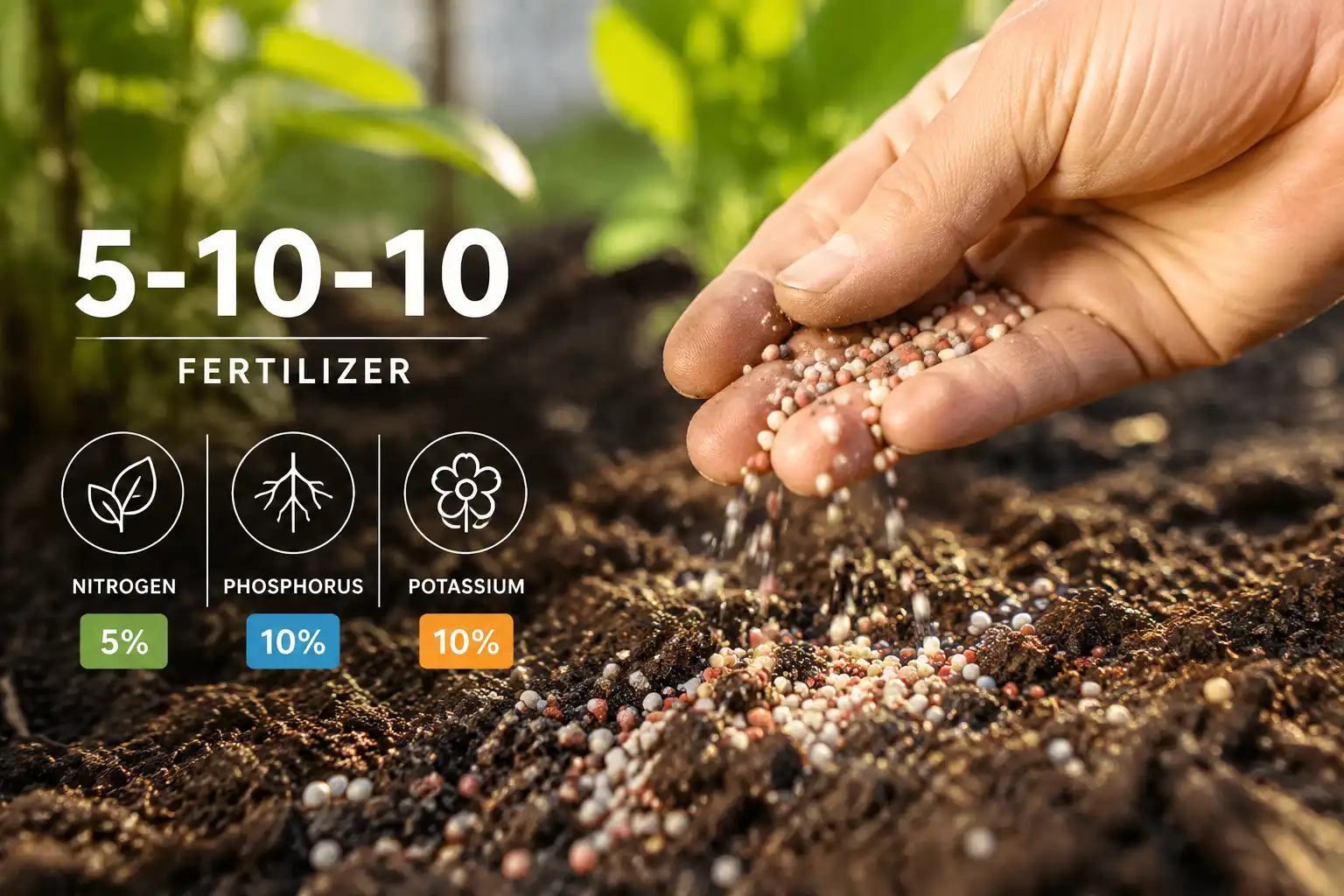 Gardener's spreading 5-10-10 fertilizer granules over dark soil