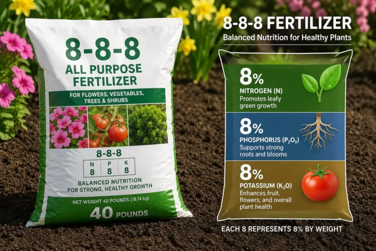 8-8-8 fertilizer bag with infographic about equal 8% nitrogen, phosphorus, and potassium for balanced feeding