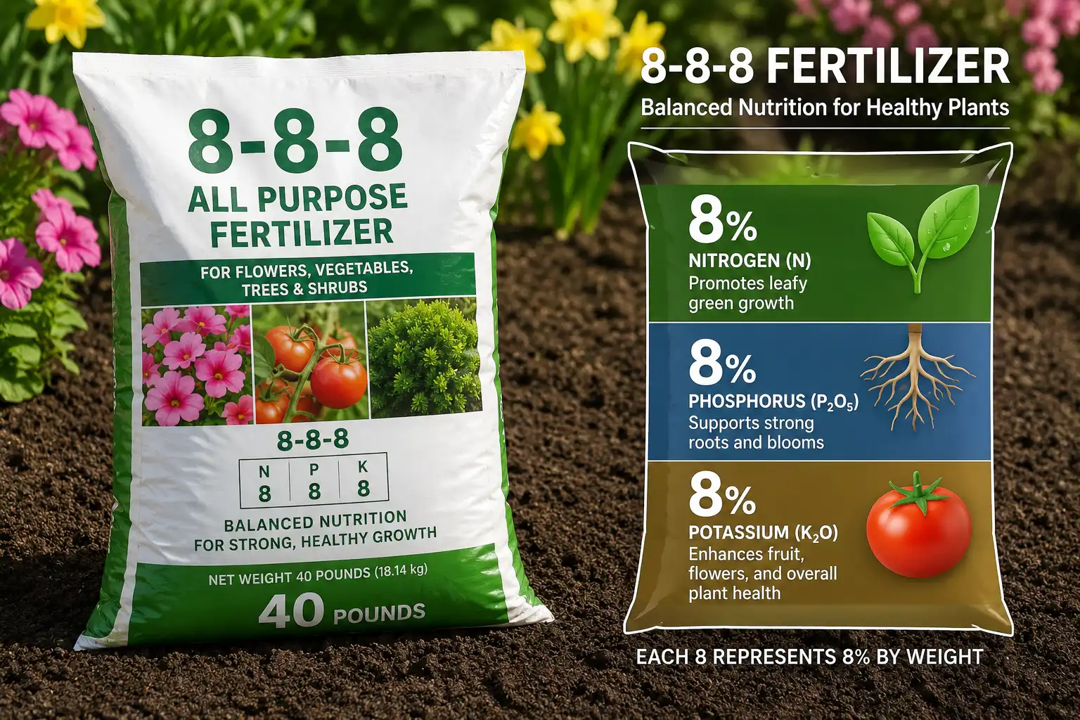 8-8-8 fertilizer bag with infographic about equal 8% nitrogen, phosphorus, and potassium for balanced feeding