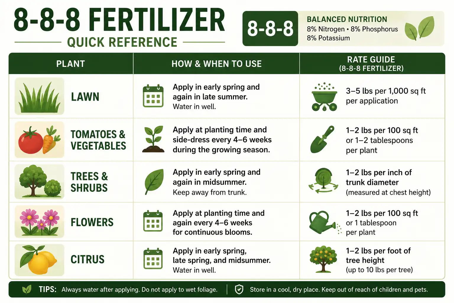 Quick reference about how to use 8-8-8 fertilizer on lawns, vegetables, trees, flowers, and citrus