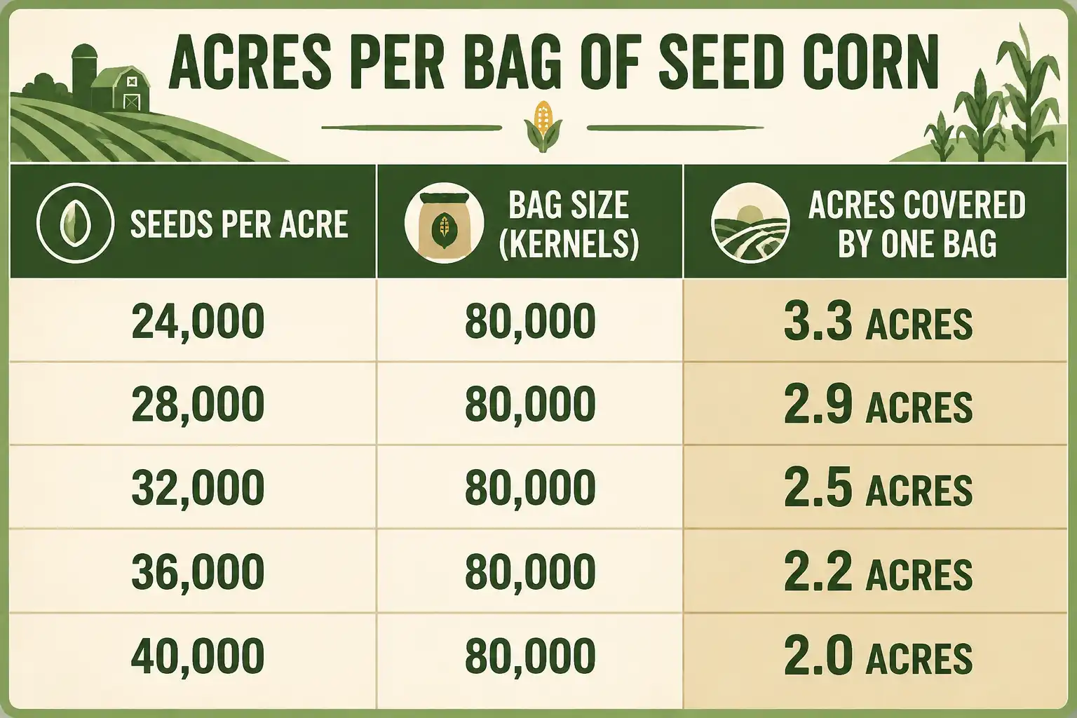 Chart mapping corn seeding rates to acres planted per 80,000 seed bag, from 3.3 acres at 24,000 to 2.0 acres at 40,000