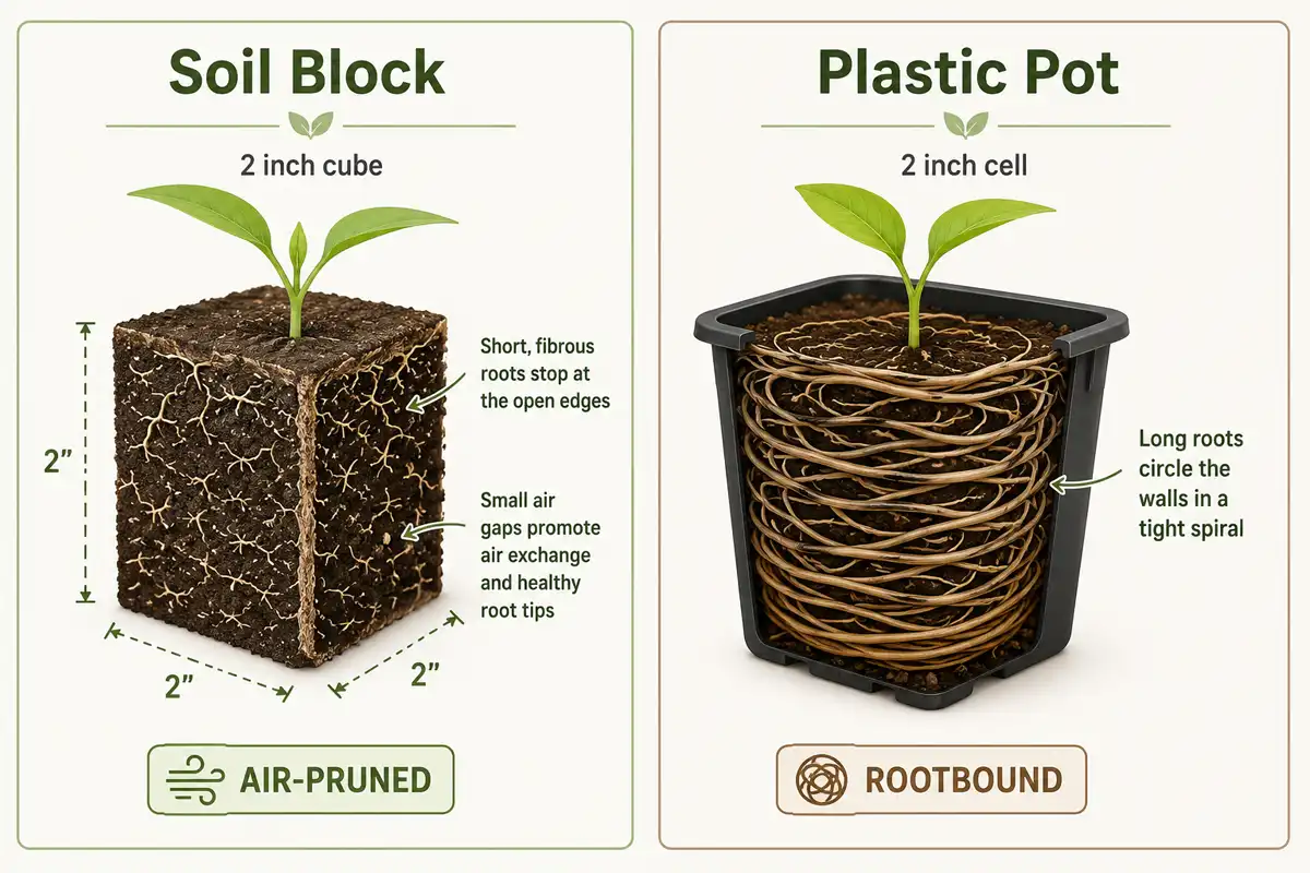 side-by-side of how soil block roots air-prune while potted roots circle and bind
