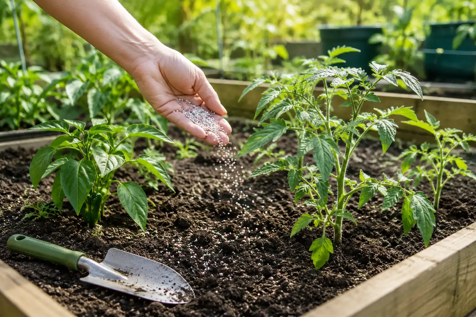 Granular 13-13-13 fertilizer spread around young vegetable plants in a raised garden bed