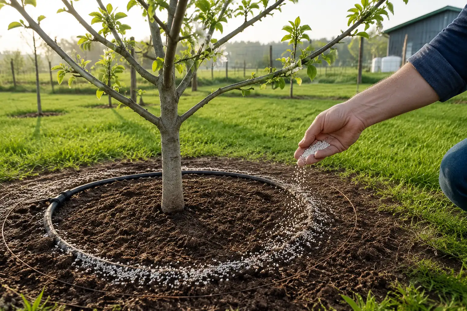 Spreading 16-16-16 fertilizer in a ring at the dripline of a young fruit tree in spring