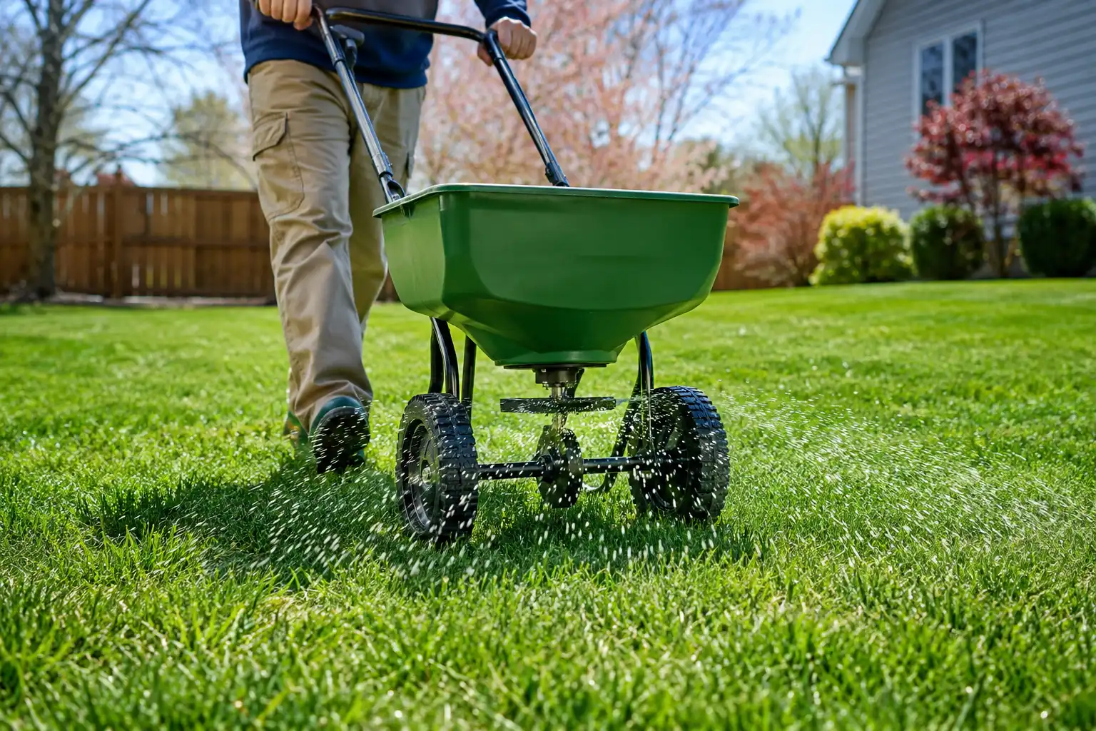 Applying lawn urea 46-0-0 with a drop spreader on cool-season grass for fast, even green-up