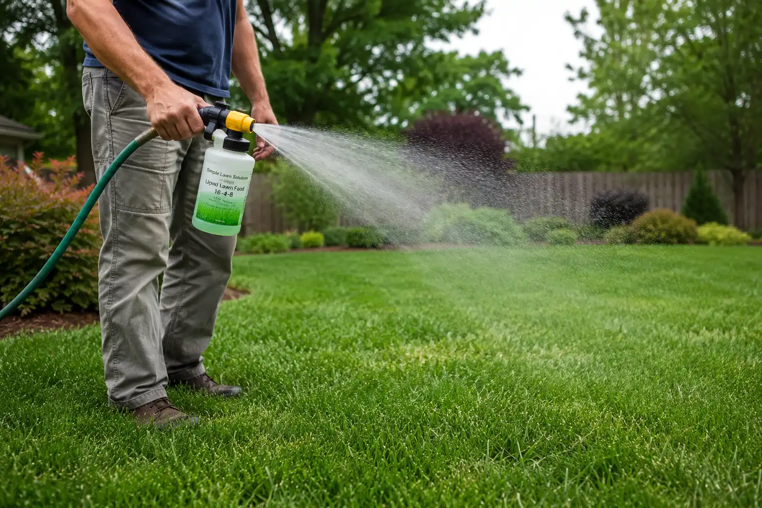 Spraying liquid 15-0-15 fertilizer with a hose-end sprayer for fast lawn green-up