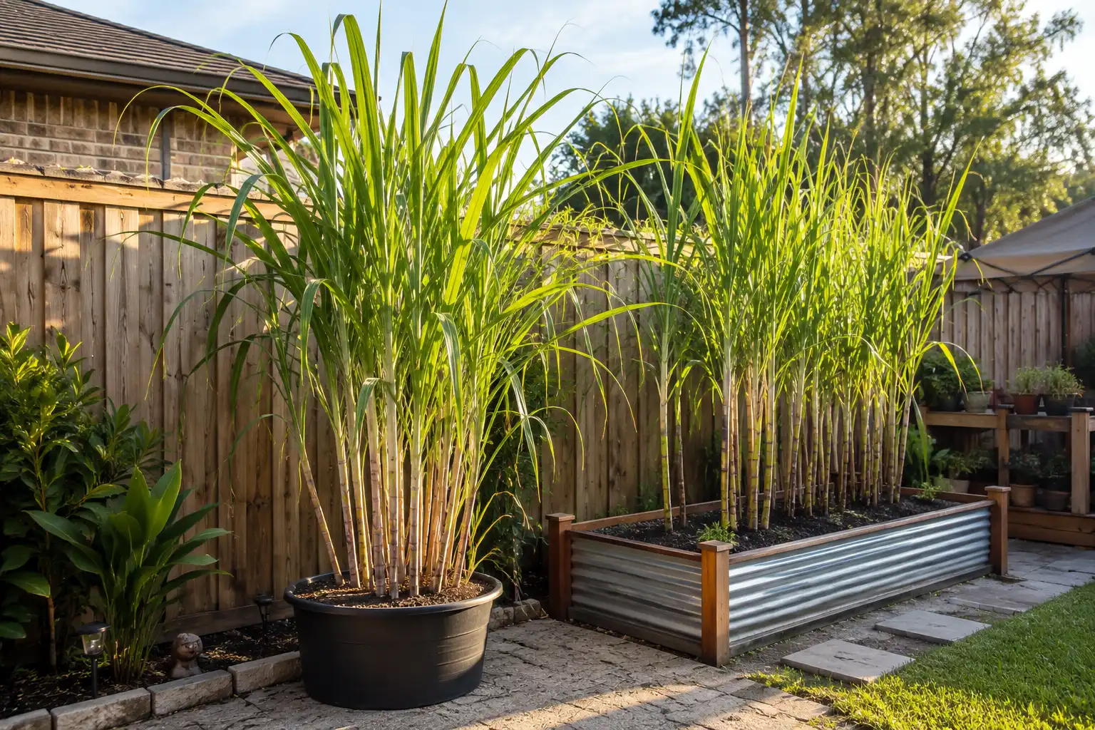 Sugarcane growing in a backyard container and raised bed, showing how long sugarcane takes to grow at home in warm zones.