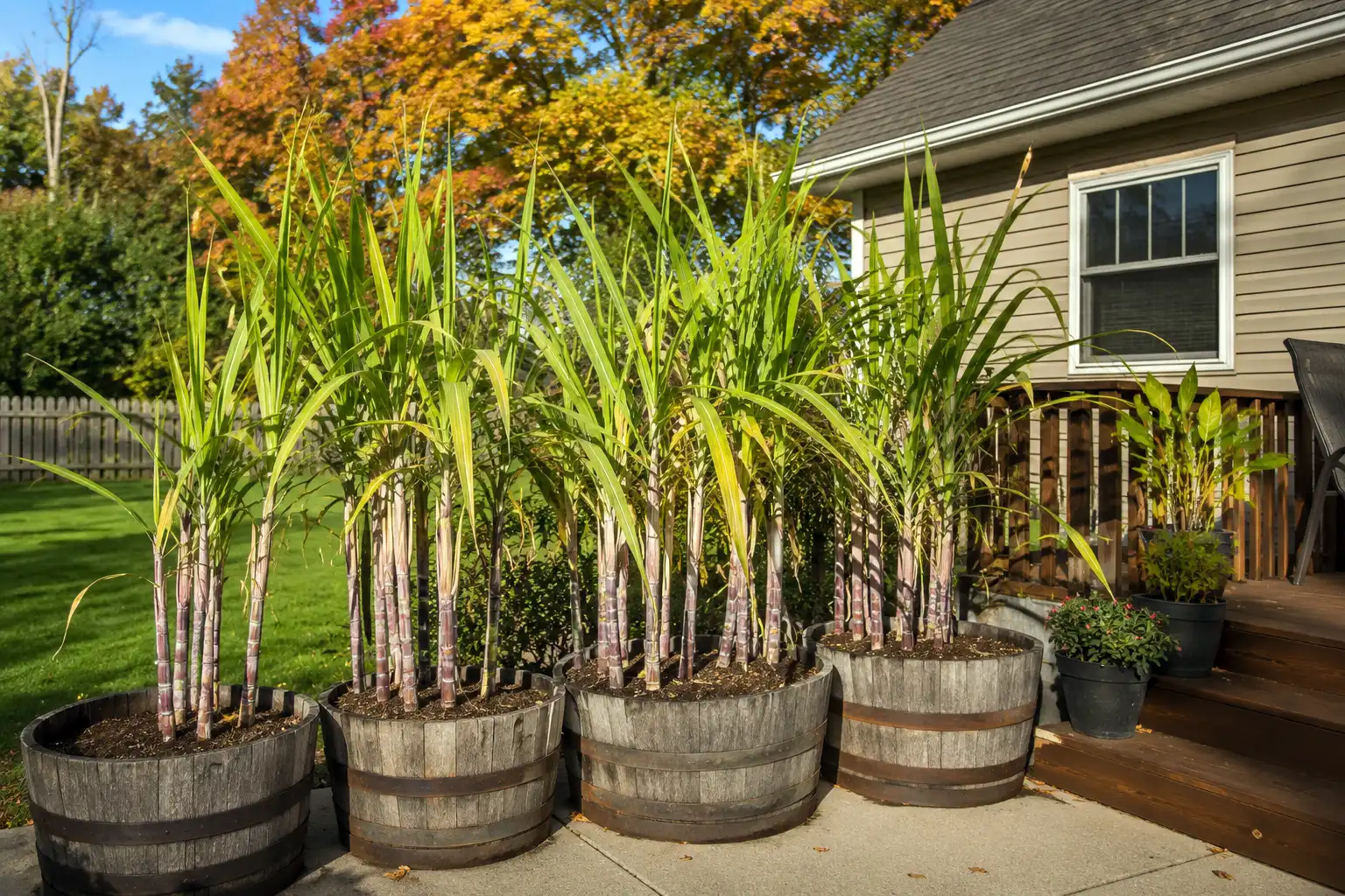Sugarcane growing in large containers on a backyard patio in a cool northern climate as a summer annual