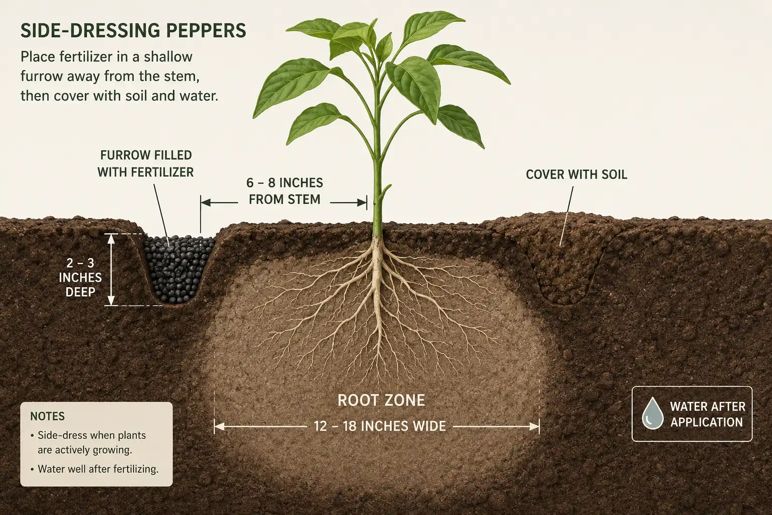 Cutaway diagram of how to apply organic fertilizer to vegetables by banding a furrow 6 to 8 inches from the stem and 2 to 3 inches deep
