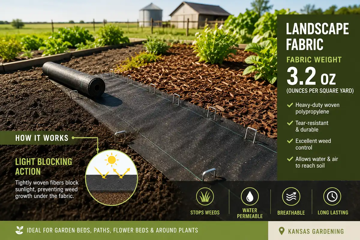 Best landscape fabric for weed control pinned over soil and topped with mulch in a garden bed
