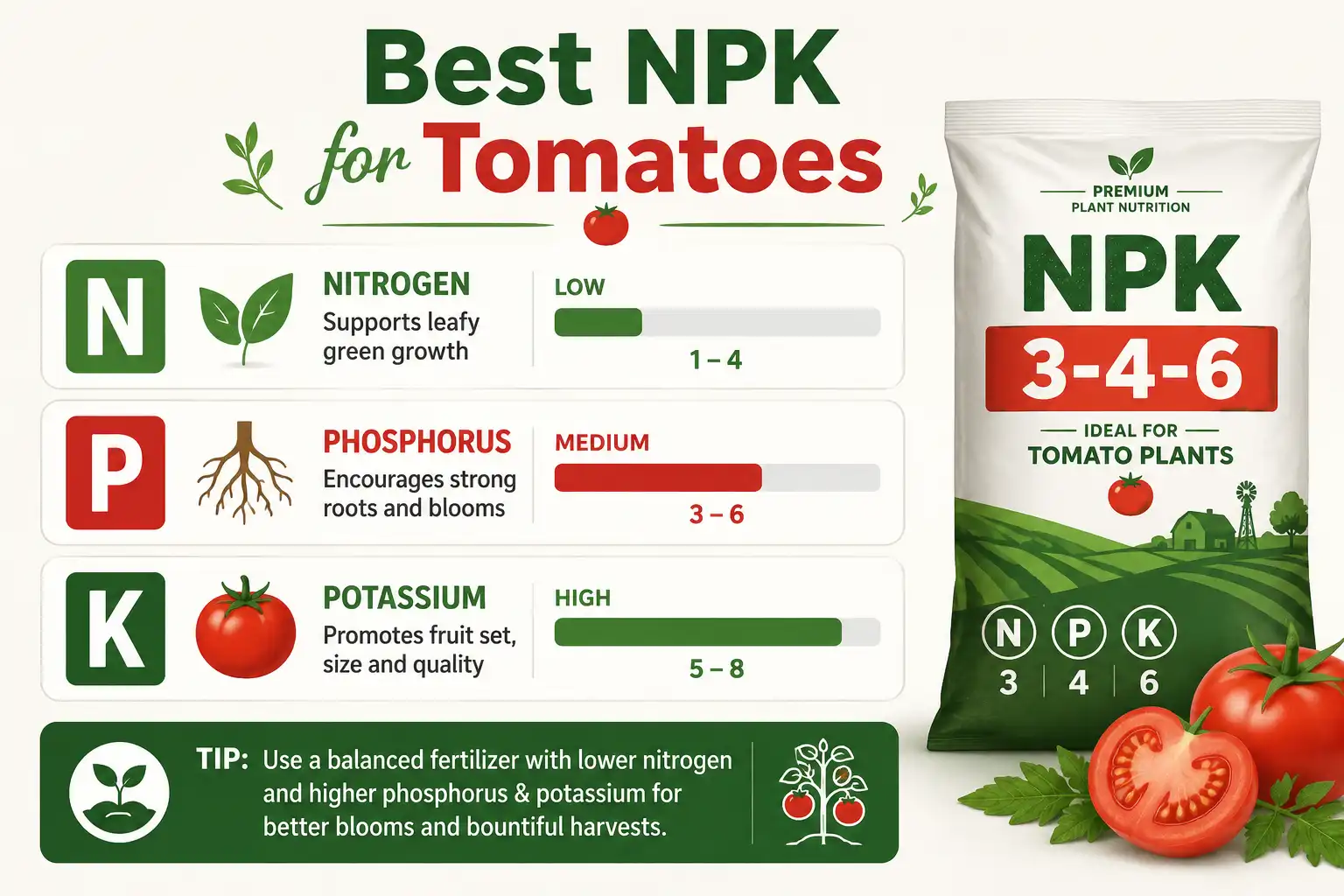 Diagram of the best NPK ratio for tomatoes with low nitrogen and higher phosphorus and potassium