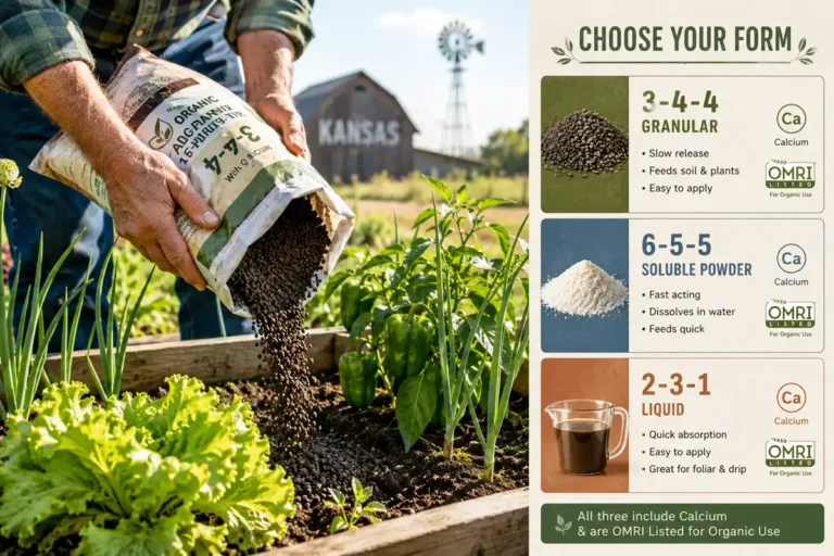 Best organic fertilizer for vegetables comparing granular soluble and liquid options in a Kansas raised bed
