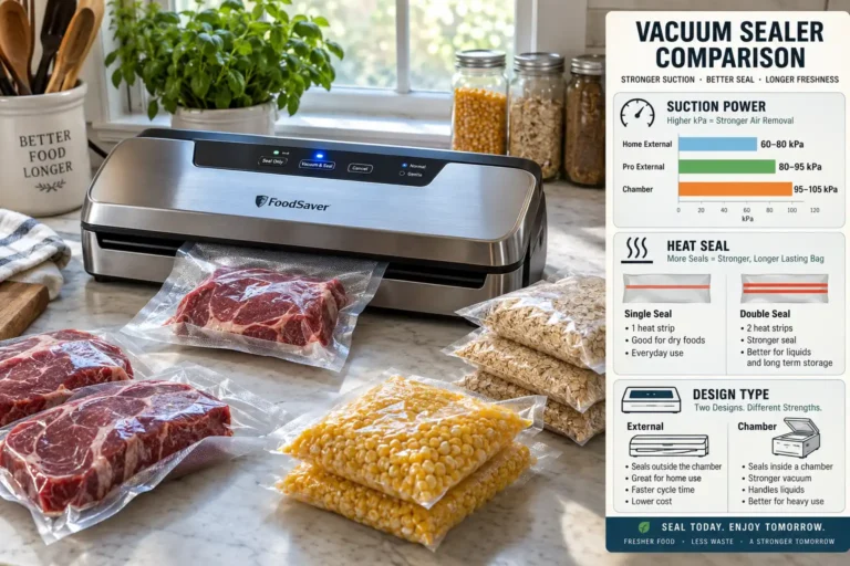 Best vacuum sealer for food storage on a farm kitchen counter beside sealed beef, sweet corn and oats, with a panel comparing kPa suction, double heat seal and chamber versus external designs