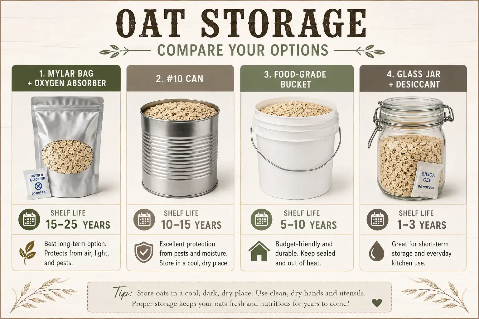 Infographic of Mylar bags, number ten cans, food-grade buckets, and glass jars for storing oats long term, with shelf life and notes for each
