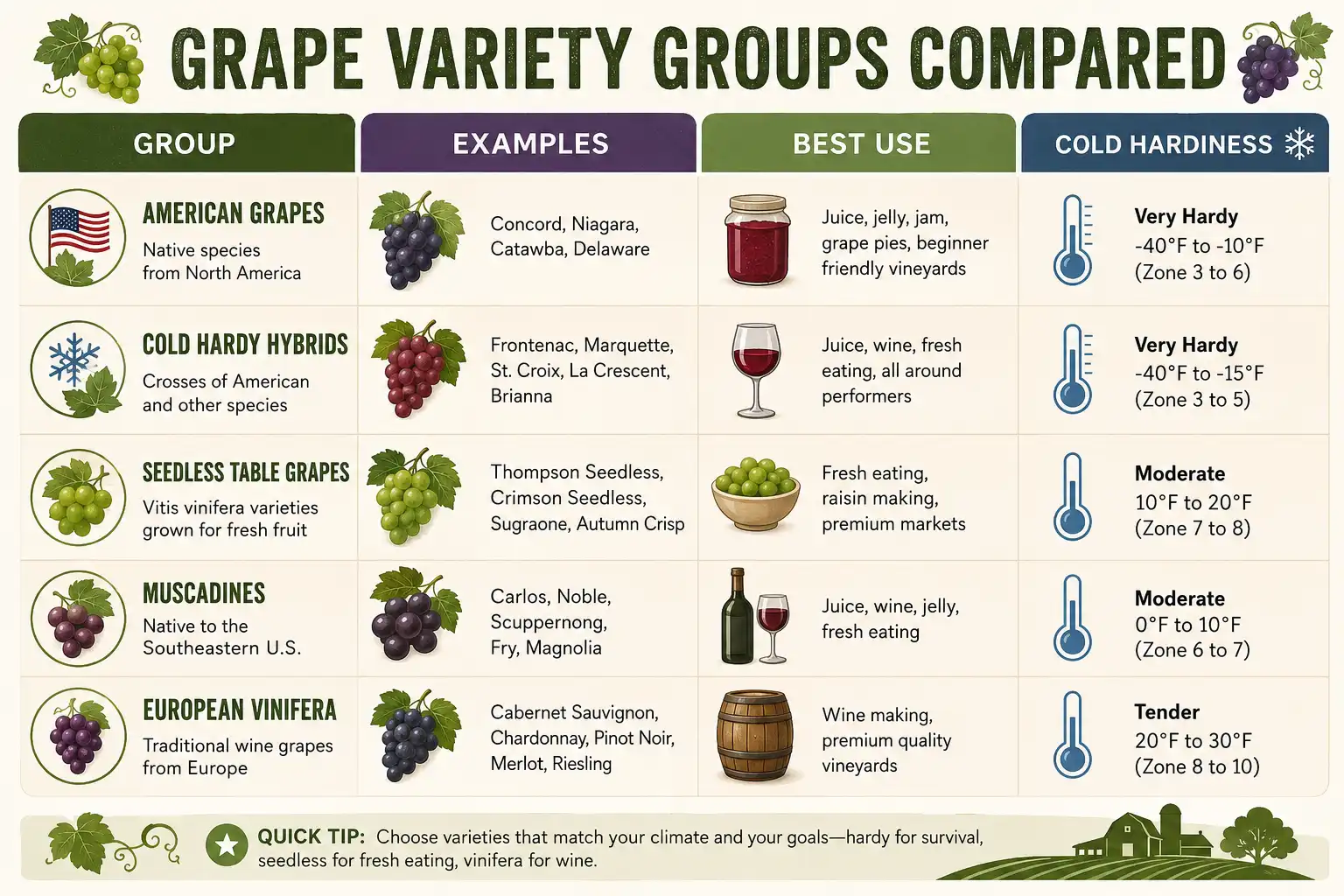 Chart of the best grape varieties by type, use, and cold hardiness for choosing what to grow