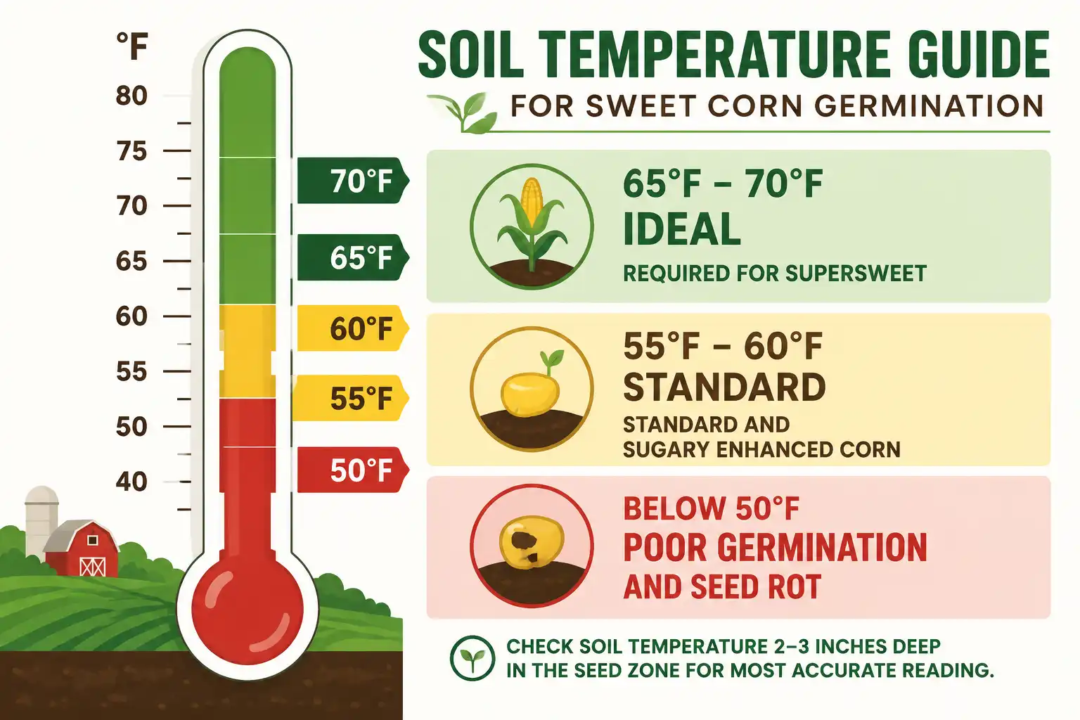 Soil temperature thresholds for sweet corn germination, showing 50°F minimum, 55 to 60°F for standard corn, and 65°F for supersweet