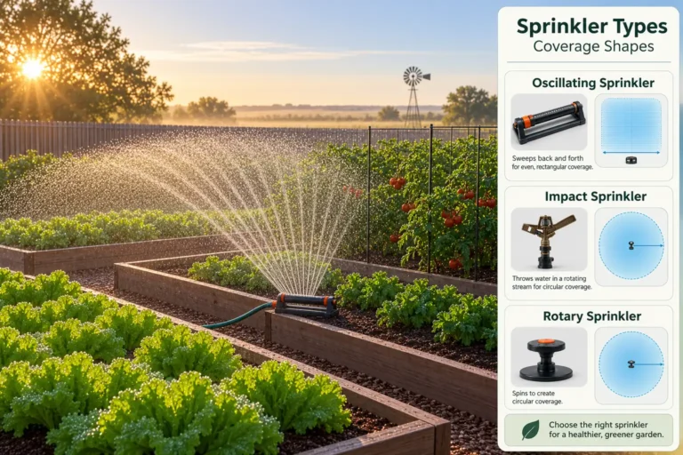 Garden sprinkler watering raised beds with sprinkler types coverage infographic