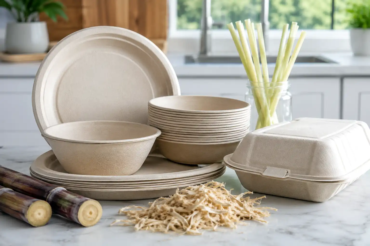 Biodegradable plates, bowls, and straws made from sugarcane bagasse, showing paper and fiber products from cane.