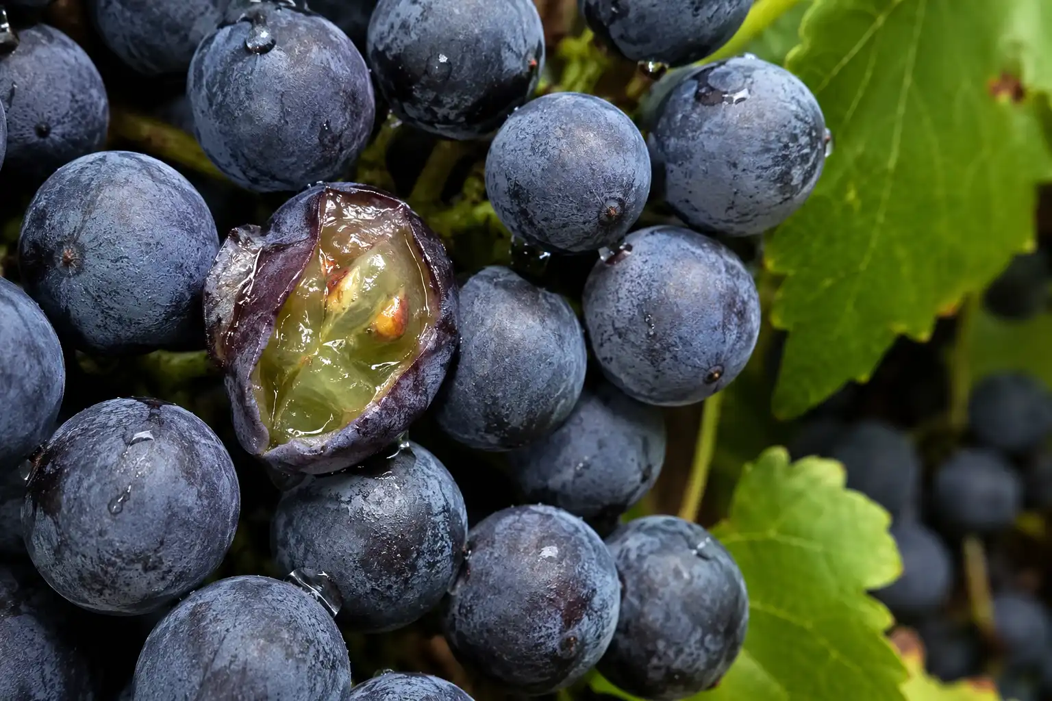 Close up of Concord grapes with blue black skin, white bloom, and a slip skin showing pulp and seeds inside.