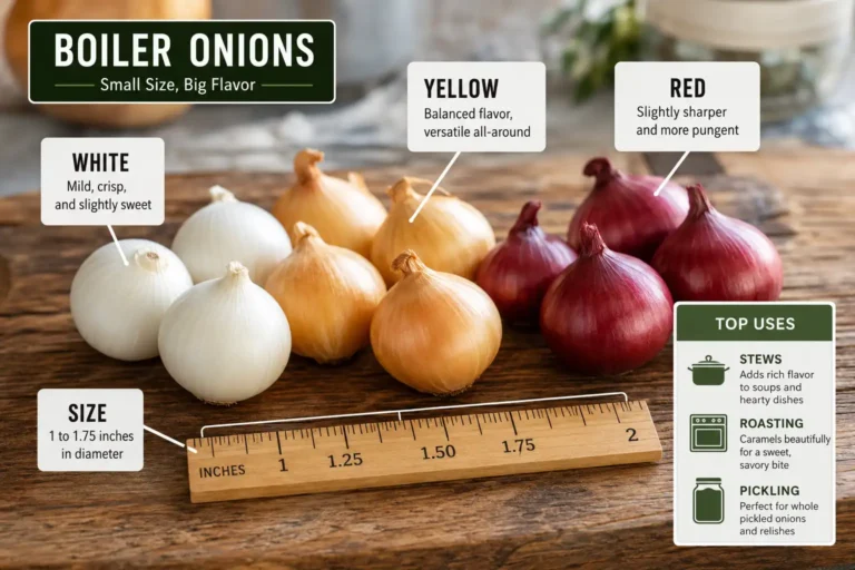 Boiler onions add sweet flavor to stews, roasts, and skewers. See their size, best uses.