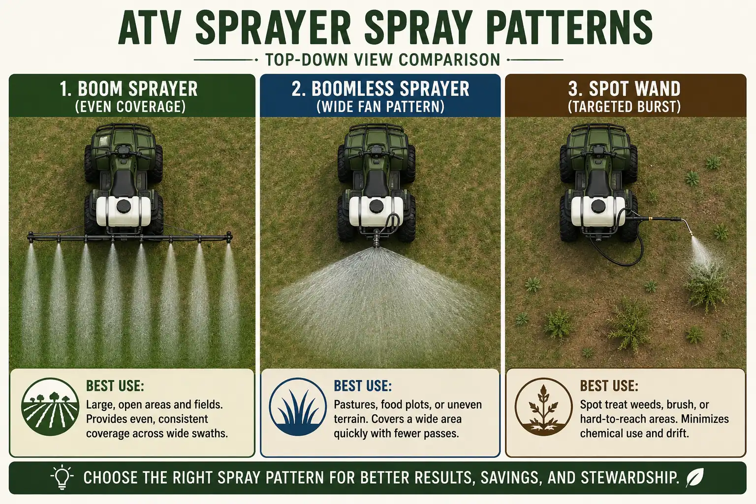 Comparison of boom, boomless, and spot ATV sprayer spray patterns and best uses