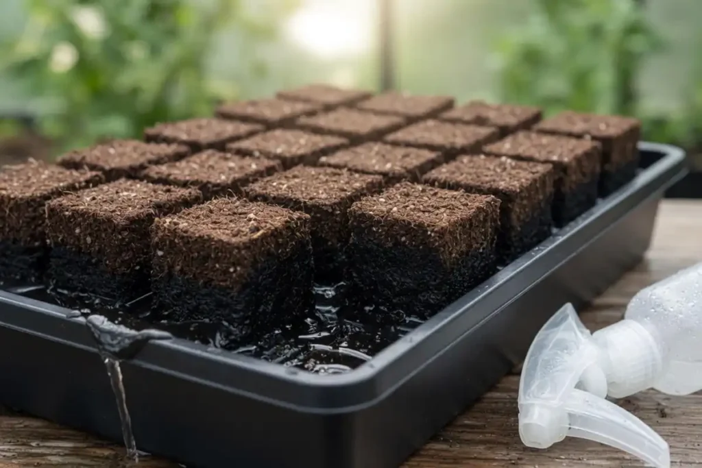 Watering soil blocks from the bottom in a no-hole tray so the cubes wick moisture and do not crumble