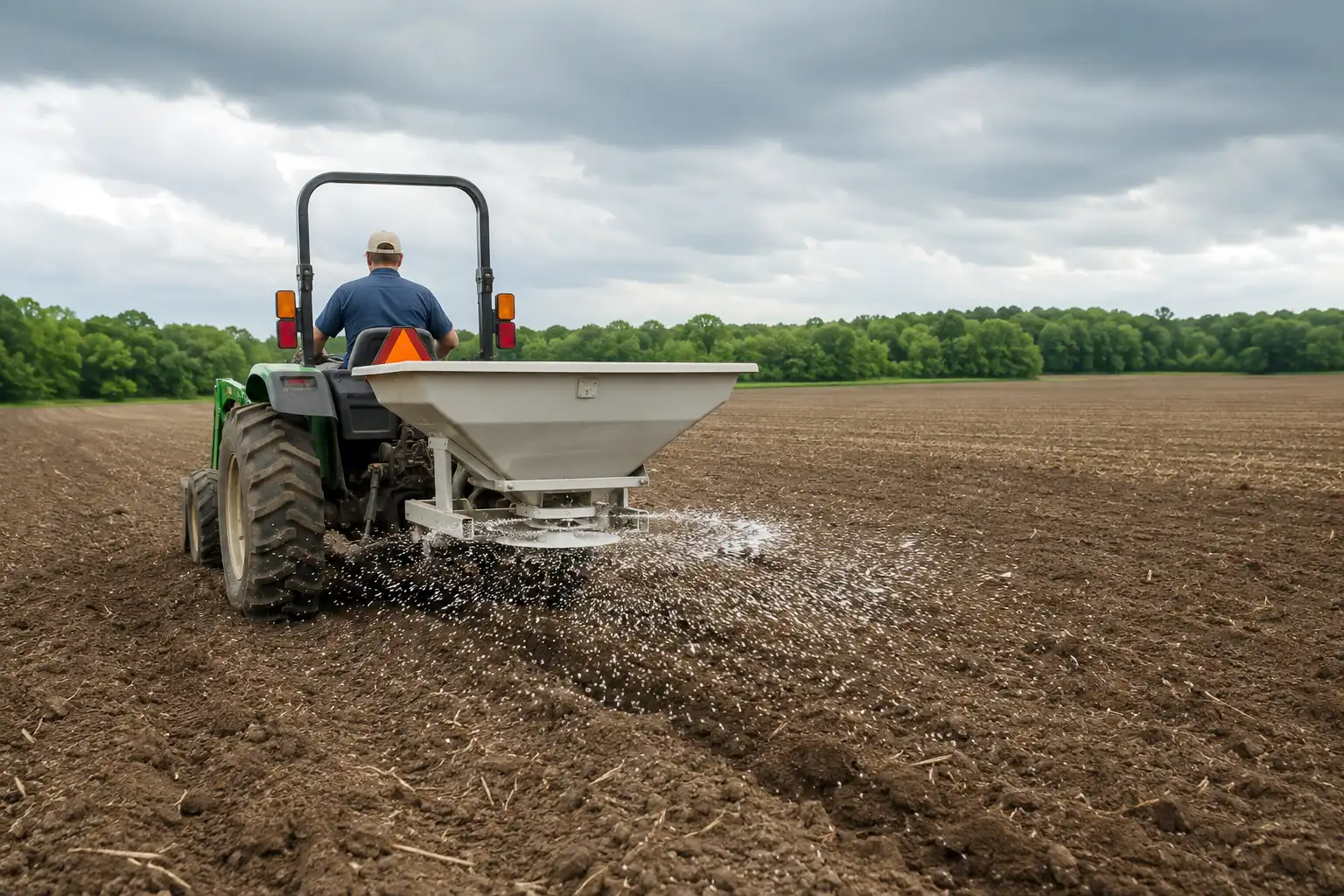Farmer broadcasting 46-0-0 urea fertilizer across a field with a pull-behind spreader before rain moves the nitrogen into the soil