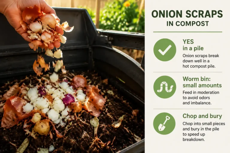 Infographic of onion scraps added to a compost bin with tips to chop and bury