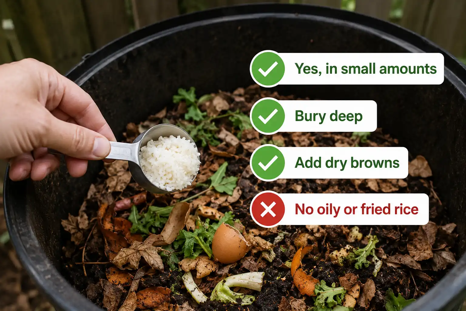 Infographic of rice can go in compost in small amounts when buried deep and balanced with brown materials