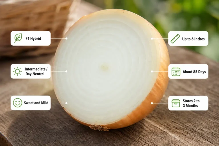 Labeled diagram of candy onions, a sweet intermediate-day hybrid cut in half with size and storage facts