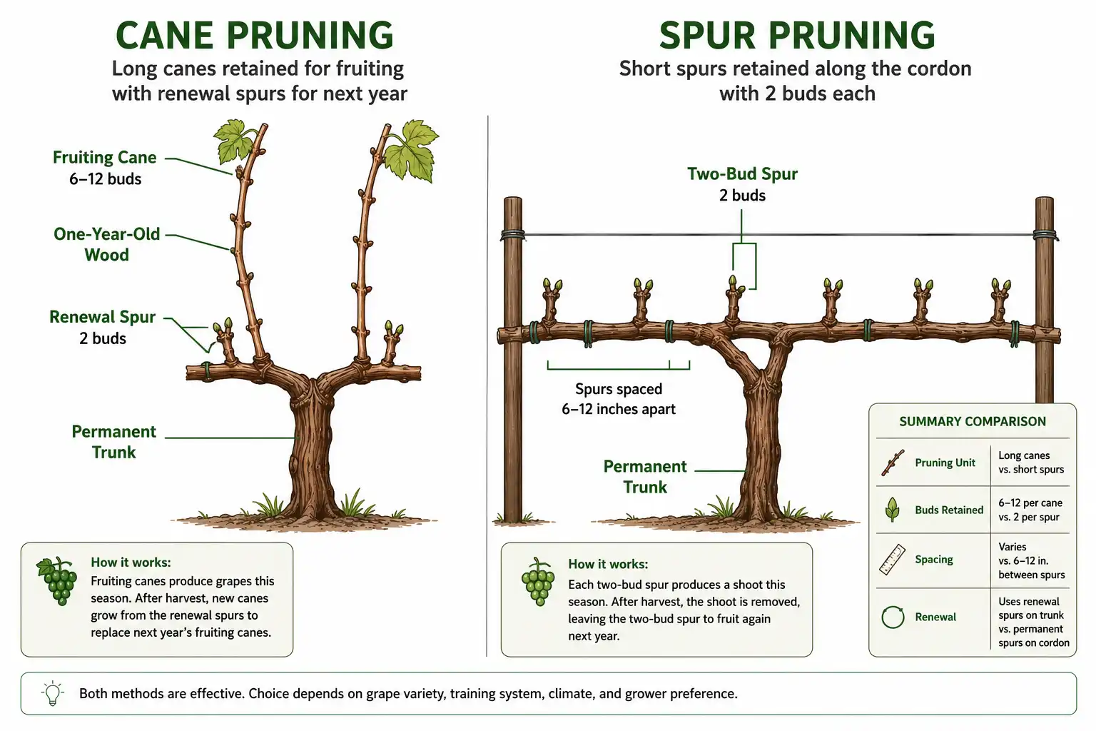 Comparison diagram about cane pruning with long canes beside spur pruning with short spurs on a cordon