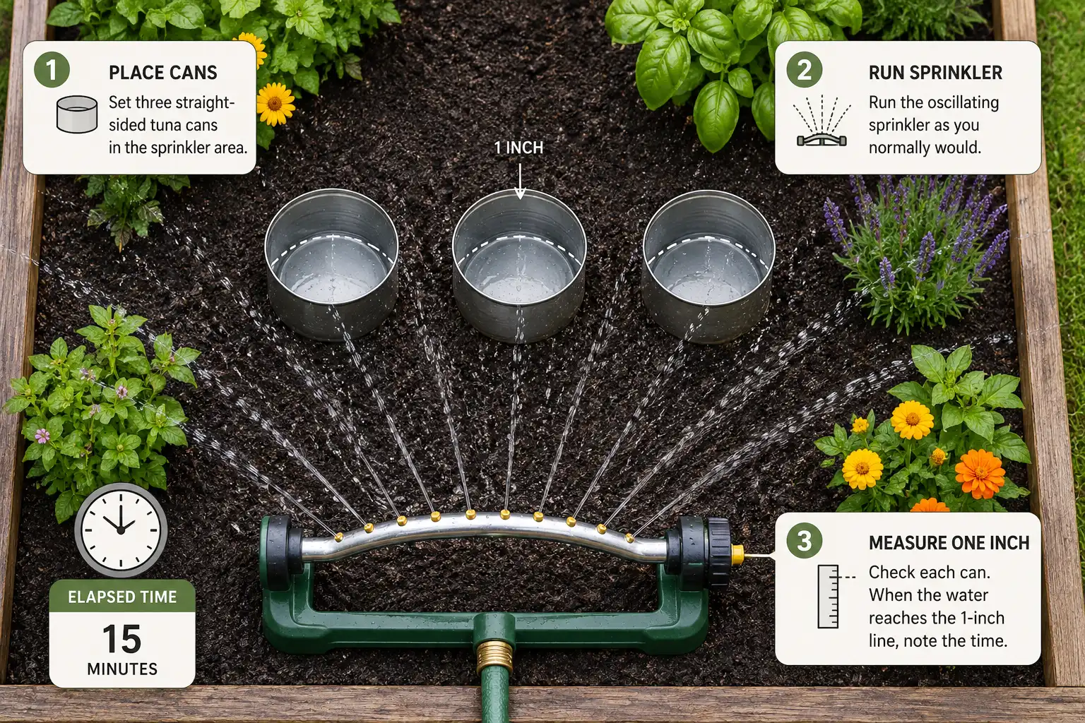 Catch-can test using tuna cans to measure one inch of water from a garden sprinkler