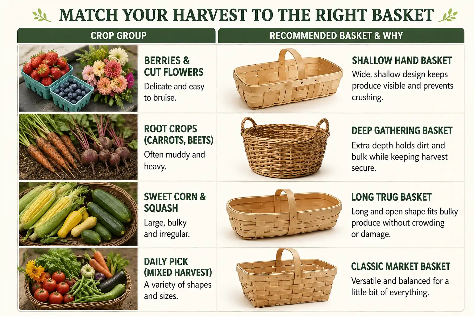 Chart matching crops such as berries, root vegetables, sweet corn, and mixed daily picks to the best garden harvest basket style for each